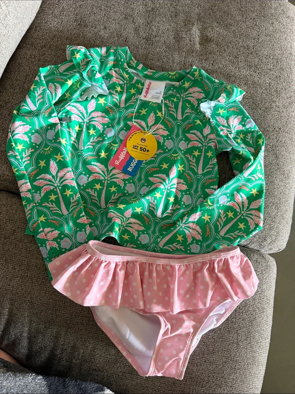 Ruffle Butts Green Floral Long-Sleeve Rashguard with Pink Ruffle Bottoms